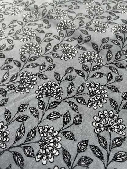 Premium Grey Addi/Paper Cotton Kurta Fabric with Black Floral Print – Ultra-Light & Breathable, 58" Wide
