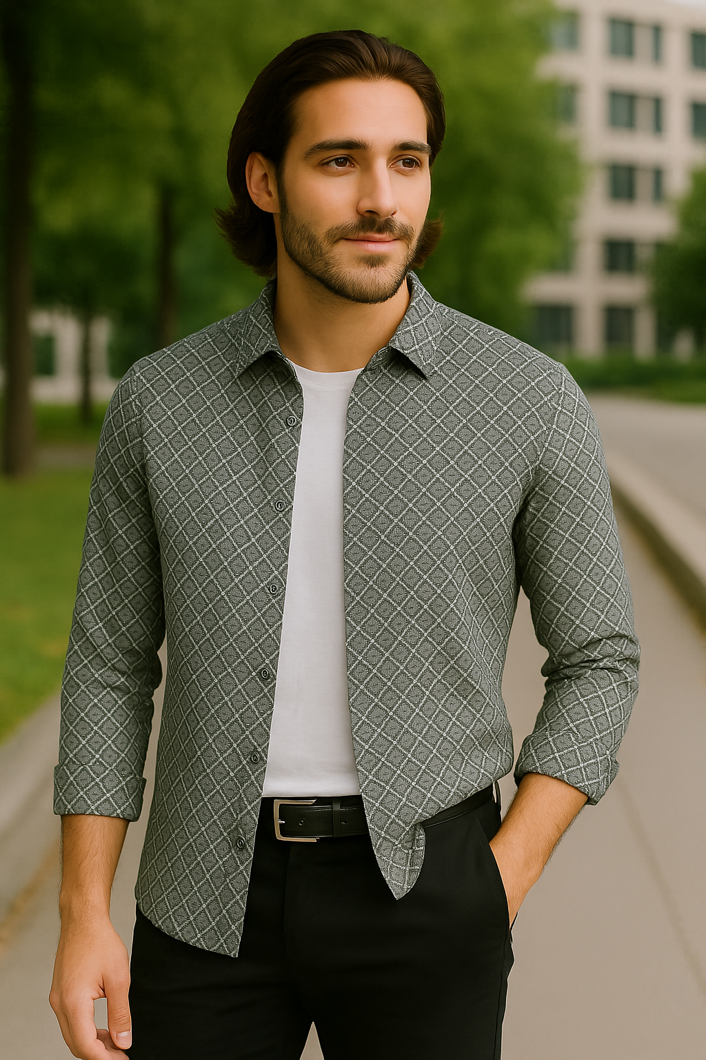 Stylish dobby white printed shirt
