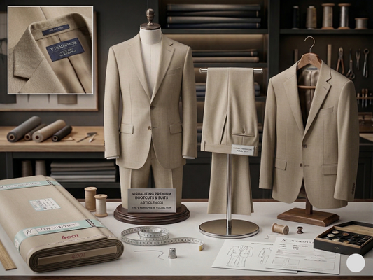Beige suit displayed on mannequins and hangers with sewing tools and fabric in the background.