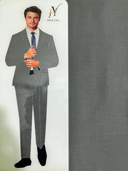 Card with a man wearing a gray suit and tie, next to a gray fabric swatch, with a brand logo on the top right corner.