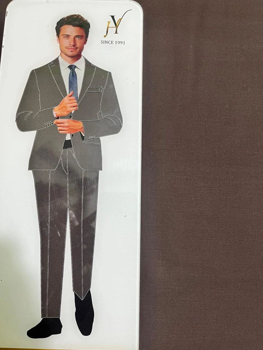 Cardboard standee of a man in a gray suit with a visible brand logo on a brown fabrics