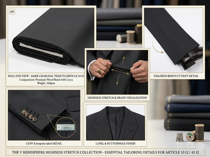 Collage of dark charcoal fabric and clothing details with text on a white background