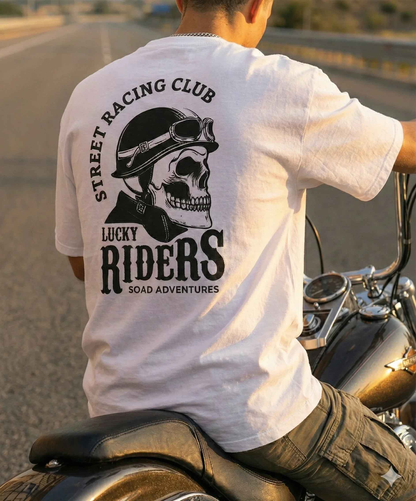 Lucky Riders - SPRY by Poshak Men’s White Oversize T-Shirt – 240 GSM DTF, Front Logo & Biker Back Print