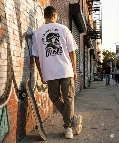 Lucky Riders - SPRY by Poshak Men’s White Oversize T-Shirt – 240 GSM DTF, Front Logo & Biker Back Print