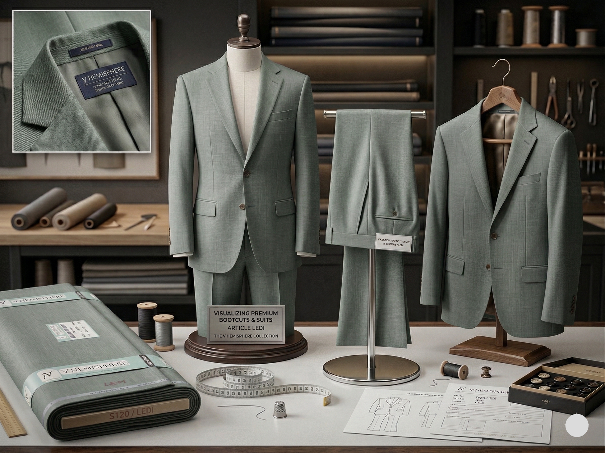 Gray suit displayed on mannequins and hangers with fabric and tools in a workshop setting.