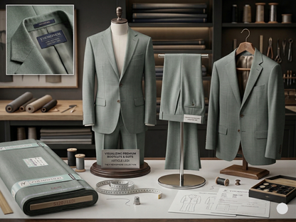 Gray suit displayed on mannequins and hangers with fabric and tools in a workshop setting.