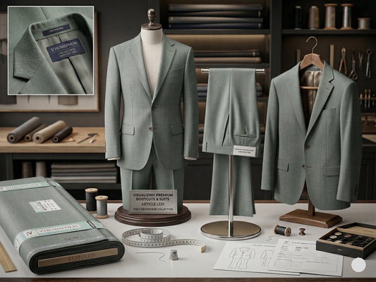 Gray suit displayed on mannequins and hangers with fabric and tools in a workshop setting.