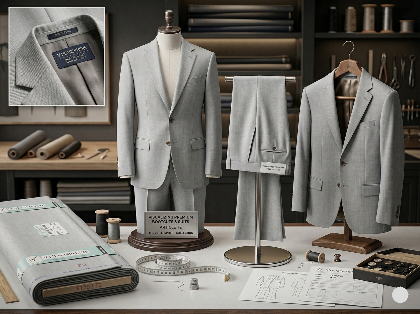 Gray suit on a mannequin and hanger with fabric swatches and tailoring tools in a workshop setting.