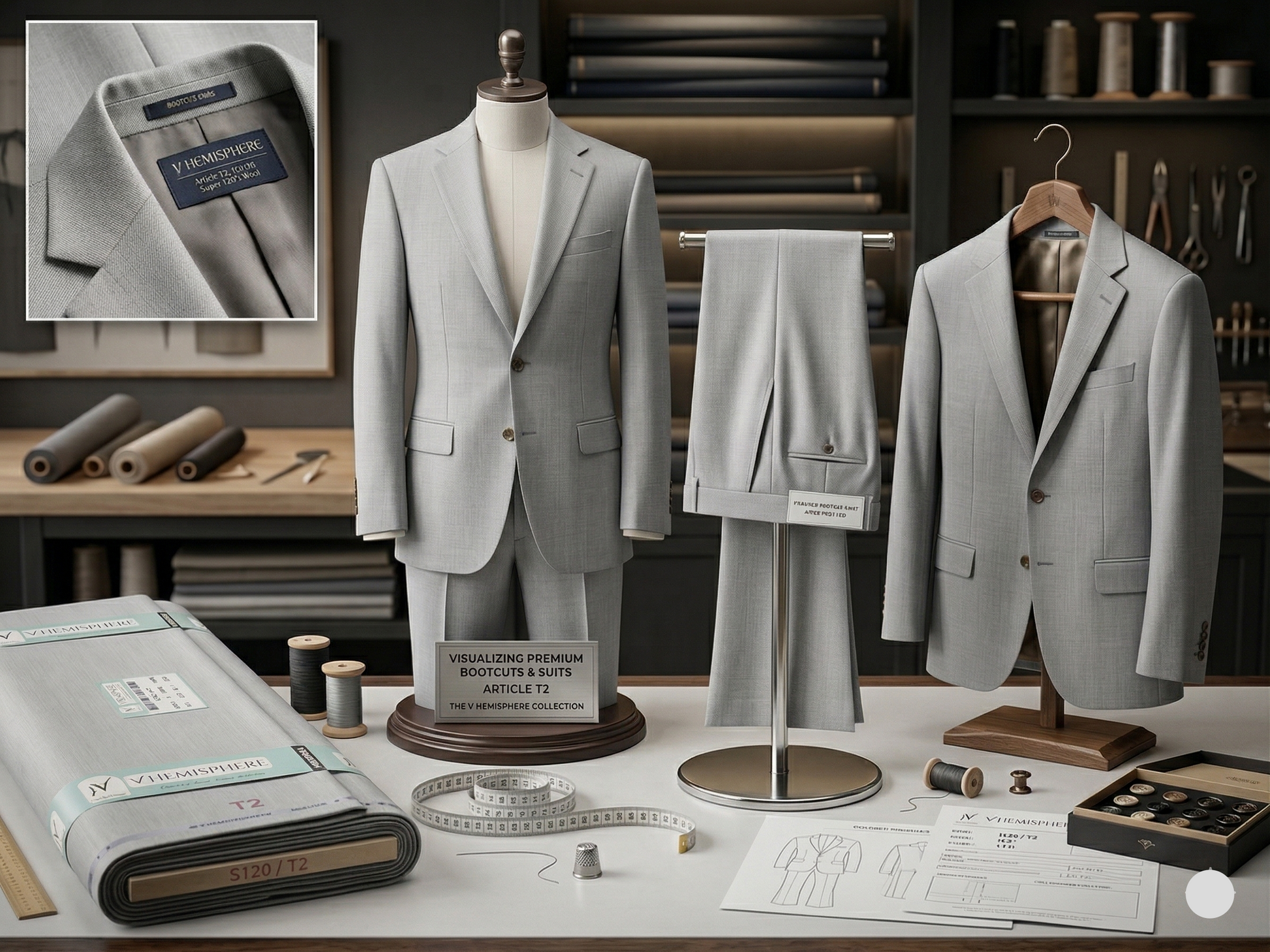 Gray suit on a mannequin and hanger with fabric swatches and tailoring tools in a workshop setting.