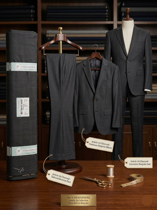 Gray suit on a mannequin with a roll of fabric and sewing tools on a wooden surface.