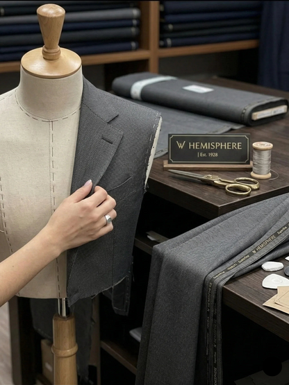 Person adjusting a gray suit jacket on a mannequin in a tailor's shop with 'Hemispheric' branding.