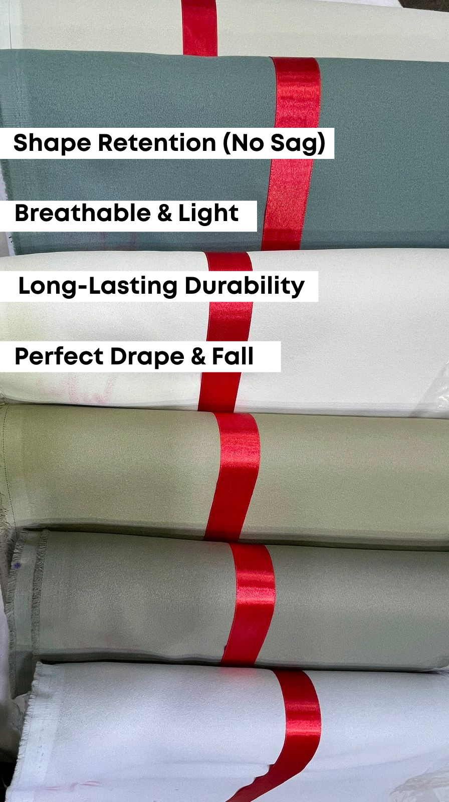 Stack of folded fabric with red ribbons and text highlighting features.