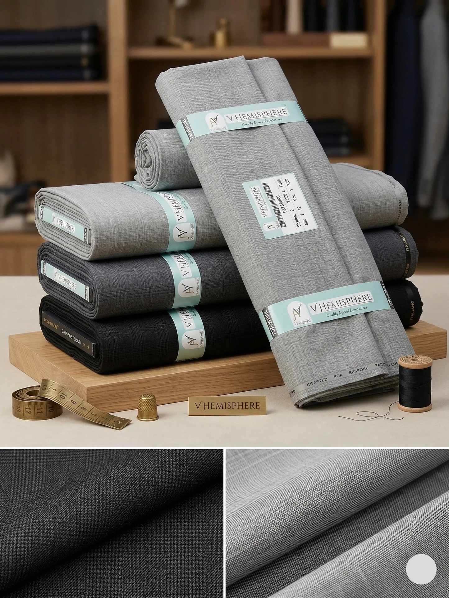 Stack of folded gray fabric with 'V Hemisphere' label on a wooden stand, with close-up details of fabric texture.