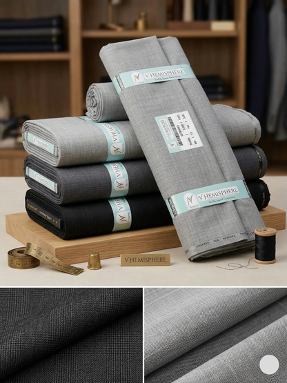 Stack of folded gray fabric with 'V Hemisphere' label on a wooden stand, with close-up details of fabric texture.