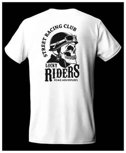 Lucky Riders - SPRY by Poshak Men’s White Oversize T-Shirt – 240 GSM DTF, Front Logo & Biker Back Print