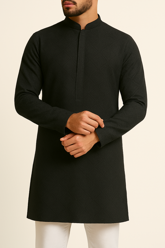 Premium Black Addi/Paper Cotton Geometric Jacquard Kurta Fabric – 58" Wide, Superior Stitching Quality