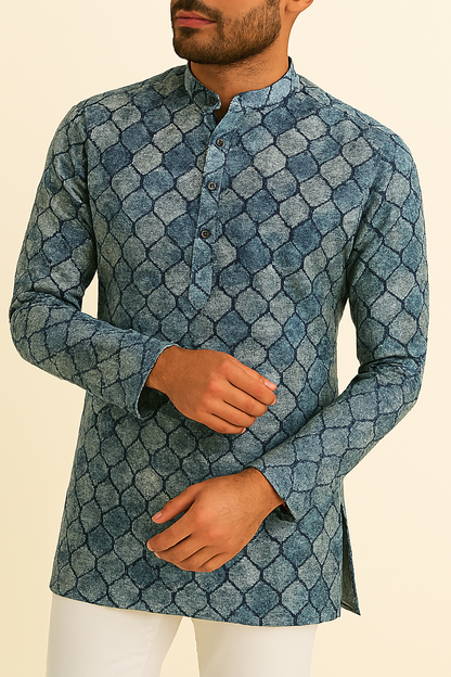 Premium Blue & Grey Geometric Print Addi/Paper Cotton Kurta Fabric – Ultra-Breathable, 58" Wide