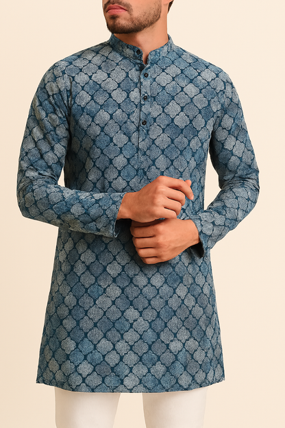 Premium Blue & Grey Geometric Print Addi/Paper Cotton Kurta Fabric – Ultra-Breathable, 58" Wide