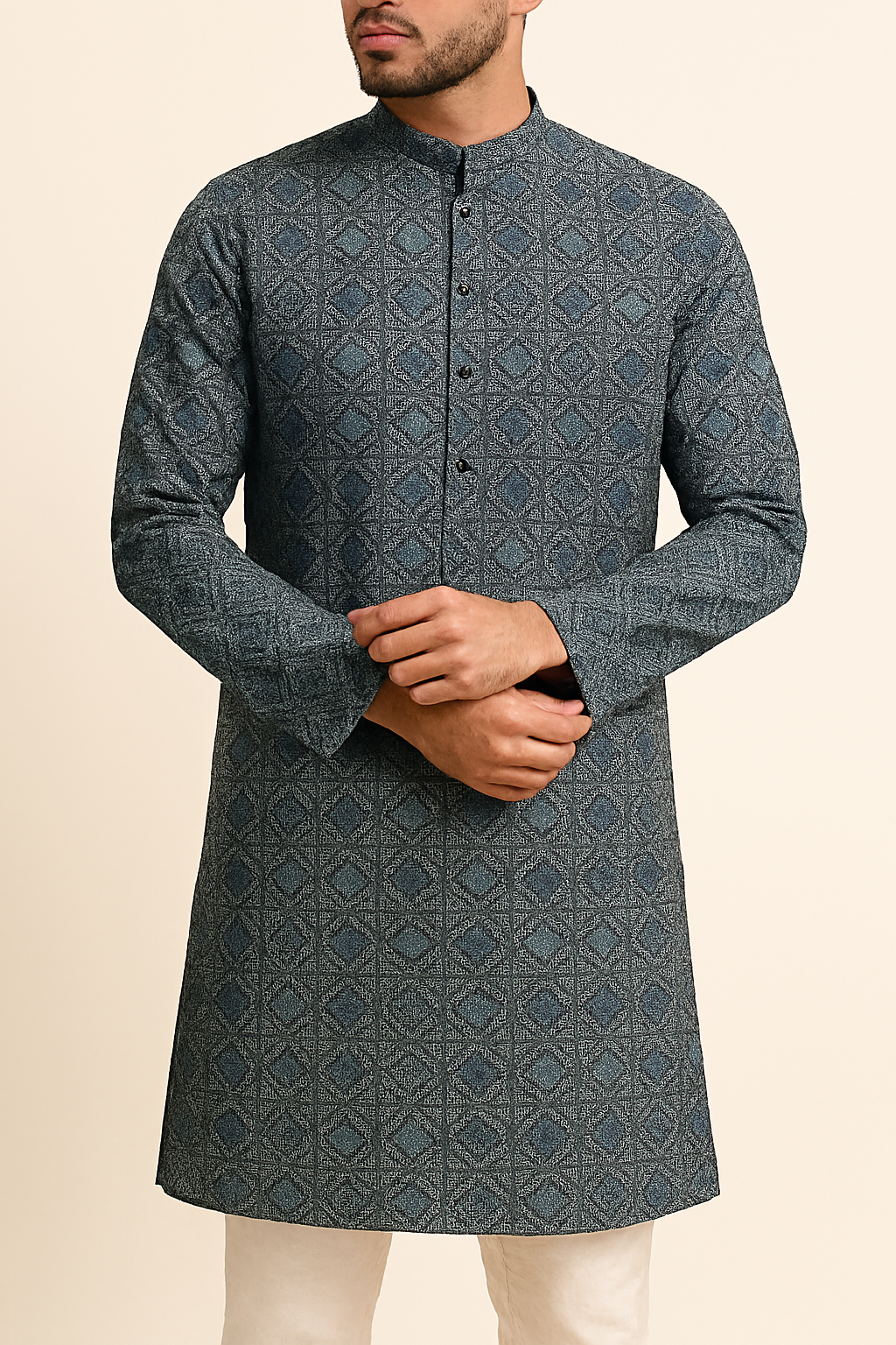 Premium Blue Checkered Geometric Print Addi/Paper Cotton Kurta Fabric – Ultra-Breathable, 58" Wide