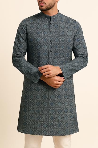 Premium Blue Checkered Geometric Print Addi/Paper Cotton Kurta Fabric – Ultra-Breathable, 58" Wide
