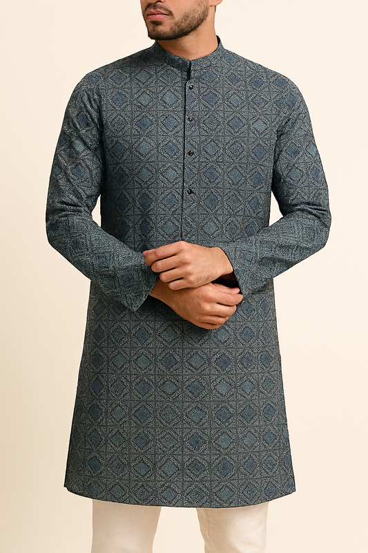 Premium Blue Checkered Geometric Print Addi/Paper Cotton Kurta Fabric – Ultra-Breathable, 58" Wide