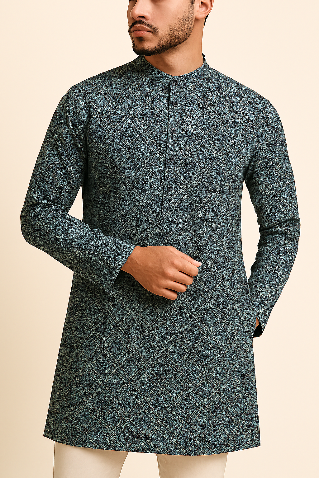 Premium Blue Checkered Geometric Print Addi/Paper Cotton Kurta Fabric – Ultra-Breathable, 58" Wide