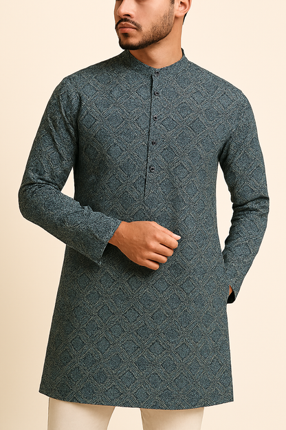 Premium Blue Checkered Geometric Print Addi/Paper Cotton Kurta Fabric – Ultra-Breathable, 58" Wide