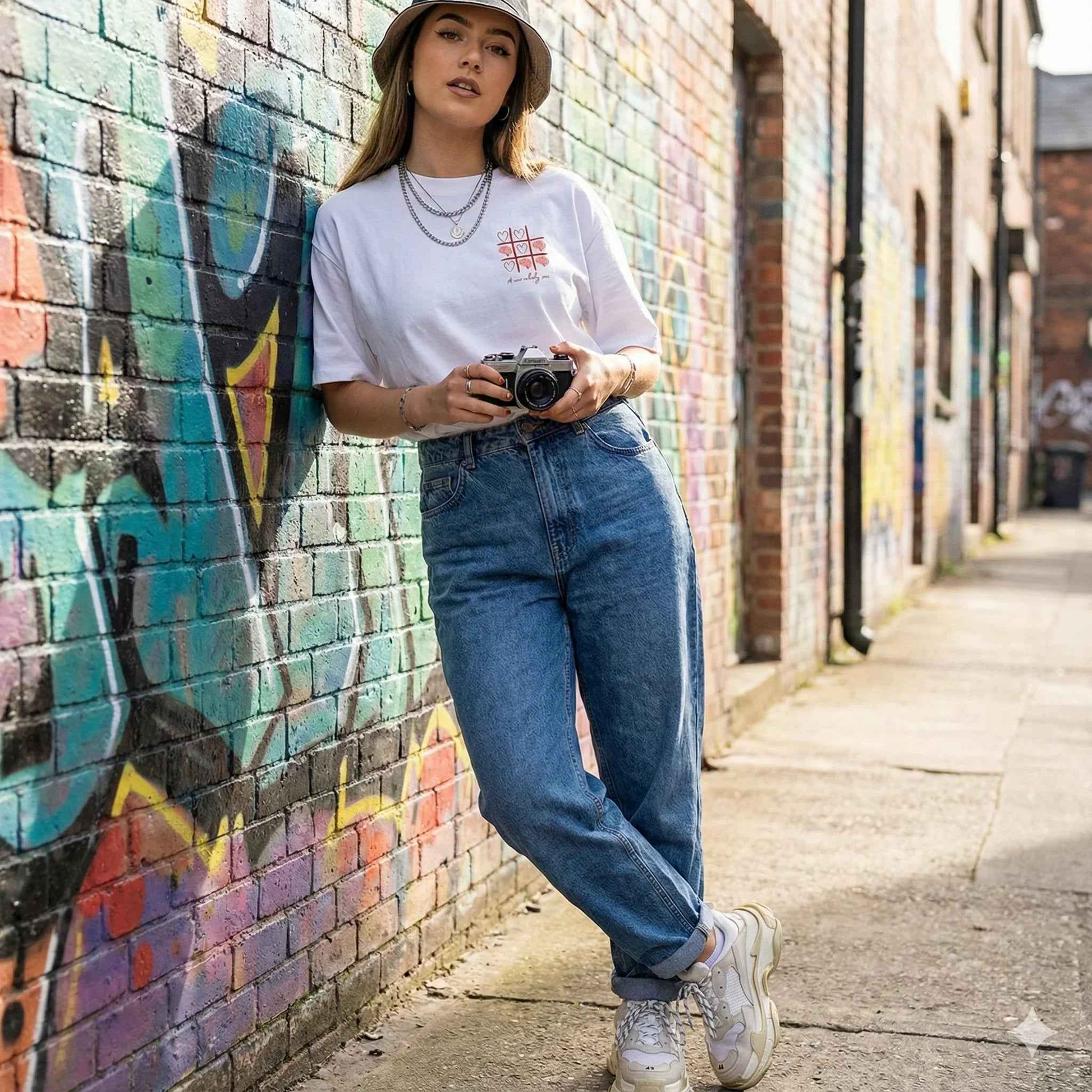 Heart Grid Minimal Oversized Tee – SPRY by Poshak Women’s 220 GSM DTF White T-shirt