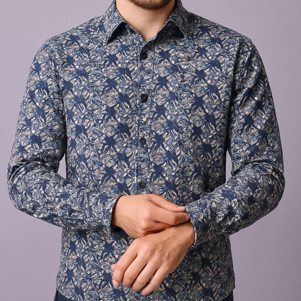 Premium Blue-White Floral Print Mix-Cotton Shirt Fabric – 36” Width for Flawless Stitching