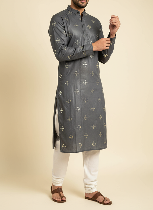 Premium 58" Dark Grey Paper Cotton (Addi) Sequin Design Fabric – Perfect for Well-Stitched Kurtas
