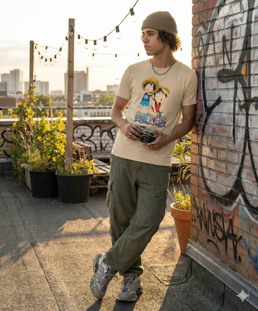 Anime Vibe Beige Graphic Tee – SPRY by Poshak Men’s 180 GSM DTF Printed T-Shirt