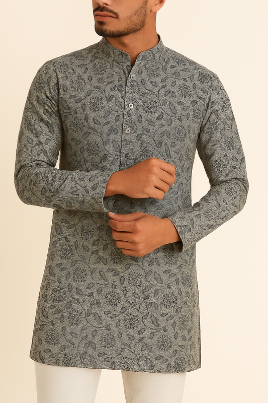 Premium Grey Addi/Paper Cotton Kurta Fabric with Black Floral Print – Ultra-Light & Breathable, 58" Wide