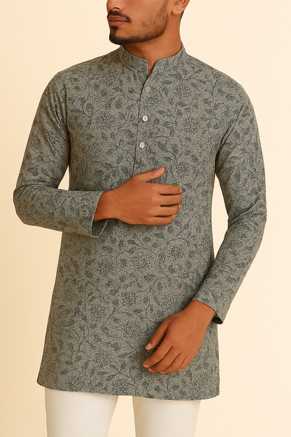 Premium Grey Addi/Paper Cotton Kurta Fabric with Black Floral Print – Ultra-Light & Breathable, 58" Wide