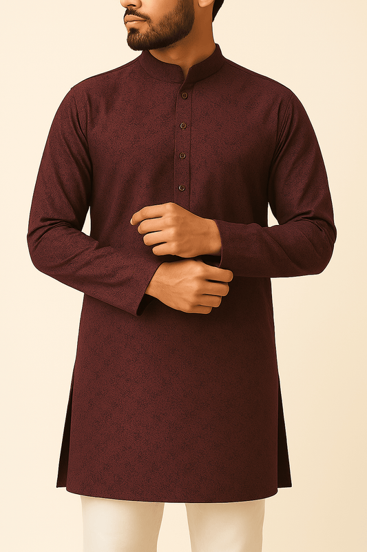 Luxury Dark Wine Satin Cotton Print Fabric – 58" Wide, Perfect for Shirts & Kurtas - Poshak Fabrics