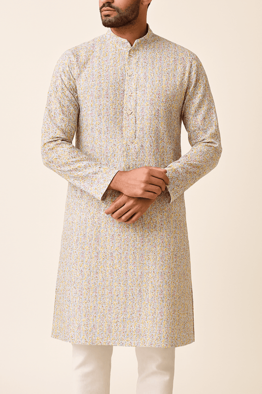 Mint Blossom Multicolour Sequins Cotton Chikan Fabric – 58” Wide, Buttery Soft & Breathable – For Kurta Elegance - Poshak Fabrics