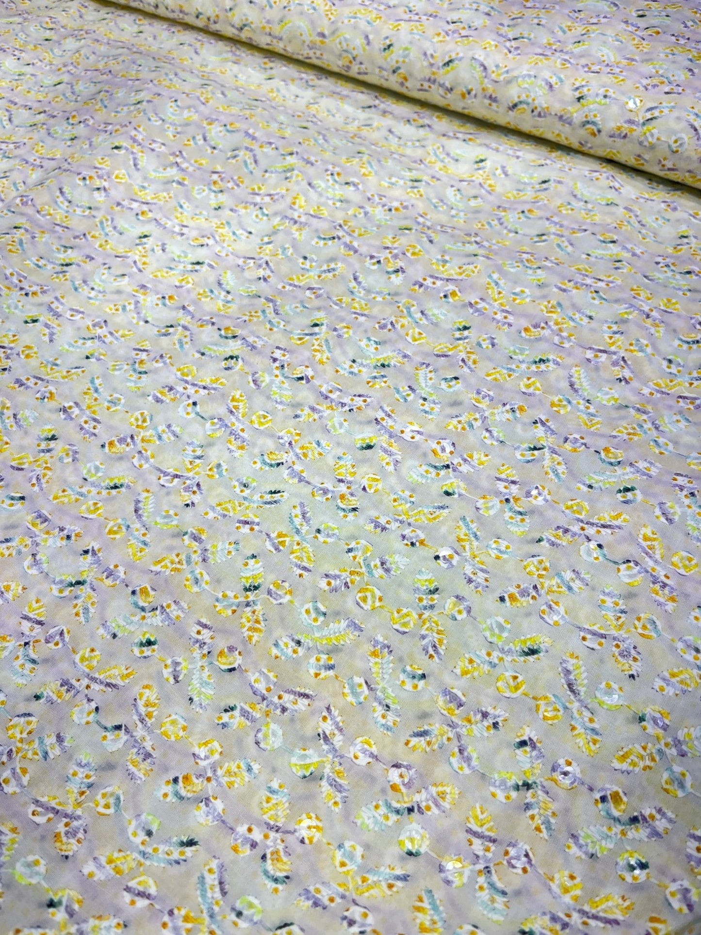 Mint Blossom Multicolour Sequins Cotton Chikan Fabric – 58” Wide, Buttery Soft & Breathable – For Kurta Elegance - Poshak Fabrics