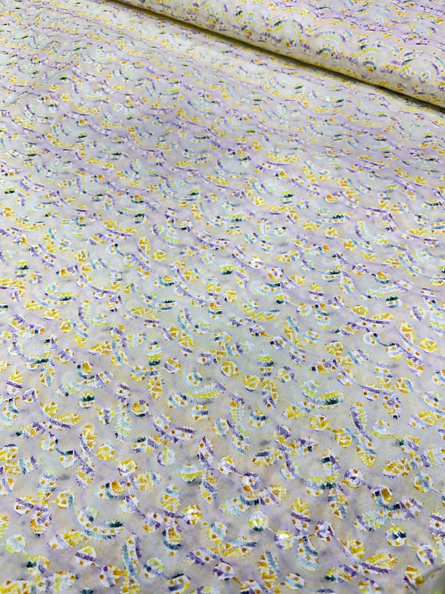 Mint Blossom Multicolour Sequins Cotton Chikan Fabric – 58” Wide, Buttery Soft & Breathable – For Kurta Elegance - Poshak Fabrics
