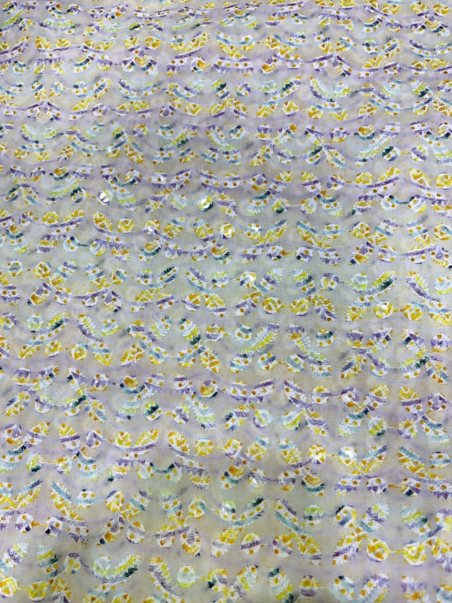 Mint Blossom Multicolour Sequins Cotton Chikan Fabric – 58” Wide, Buttery Soft & Breathable – For Kurta Elegance - Poshak Fabrics