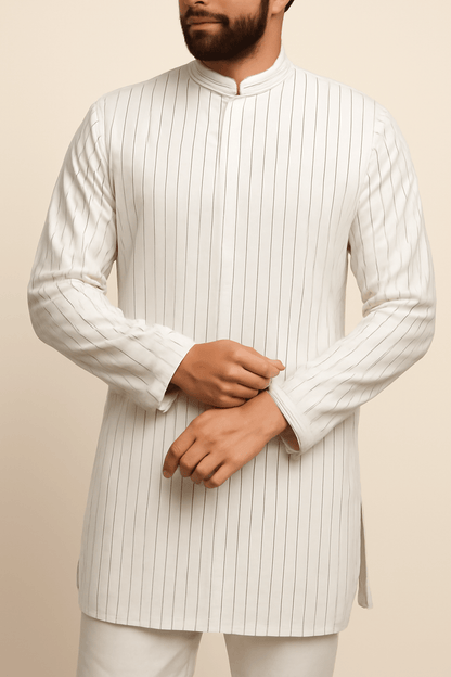 Mohan’s White Strap Texture Suiting Fabric – 36" Soft, Thin & Breathable, Premium Choice for Kurta - Poshak Fabrics