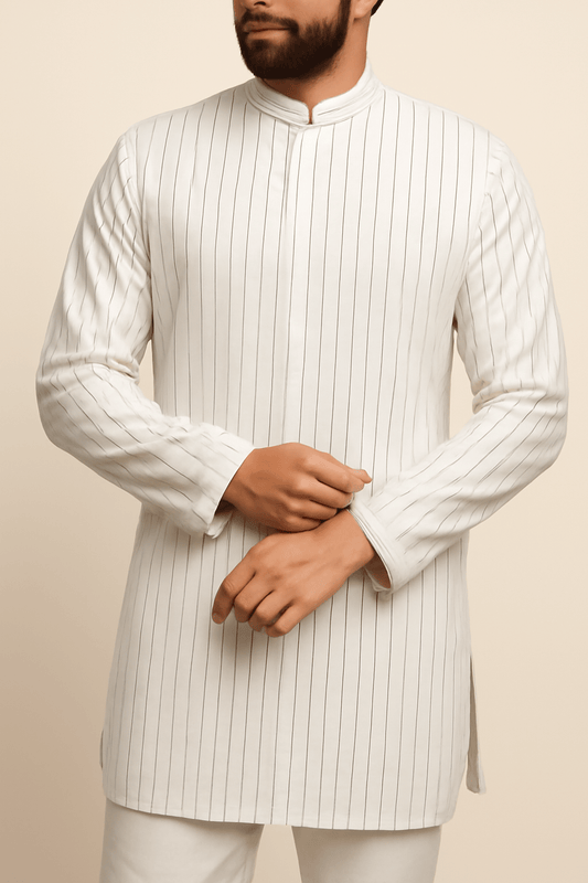 Mohan’s White Strap Texture Suiting Fabric – 36" Soft, Thin & Breathable, Premium Choice for Kurta - Poshak Fabrics