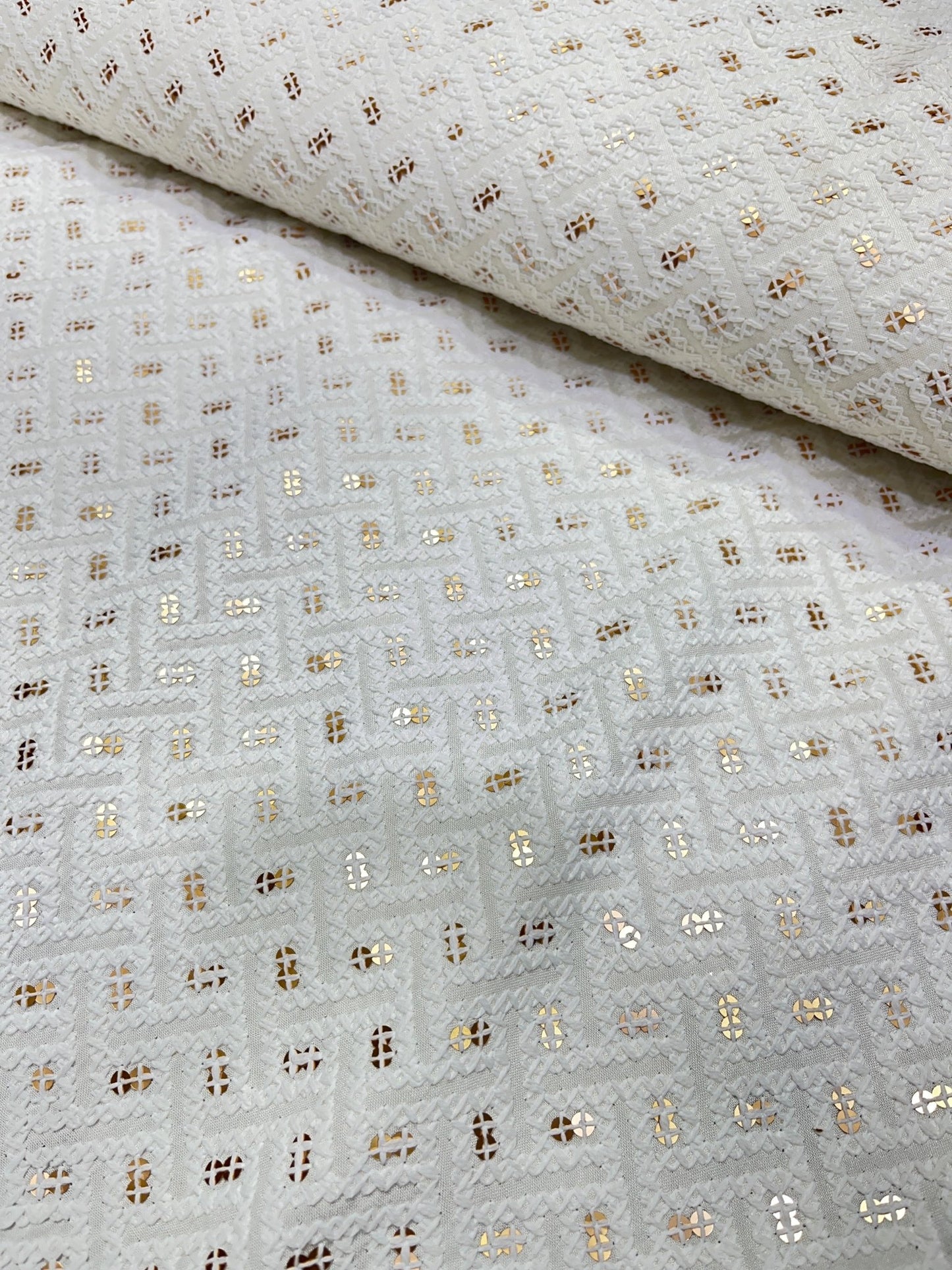 Pastel Sequins Cotton Chikan Fabrics – “Dusky Amethyst”, “Champagne Lace”, “Verdant Whisper”, “Eclipse Silver”, “Blushed Petal” | 58” Wide | Soft & Breathable | Kurta Perfection - Poshak Fabrics