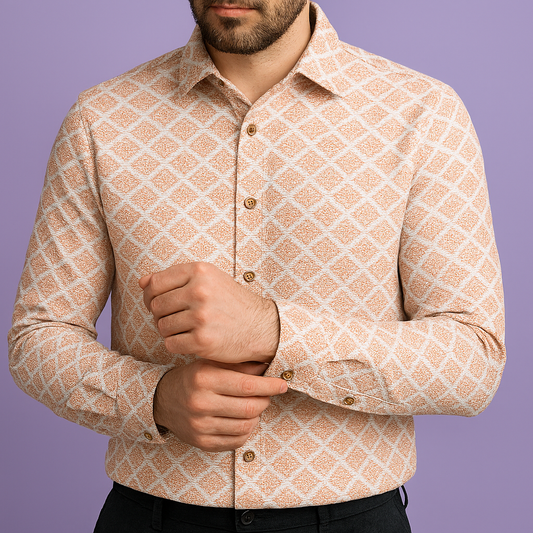 Premium Peach-White Geometric Mix-Cotton Dobby Print Shirt Fabric – 36” Width for Fine Stitching