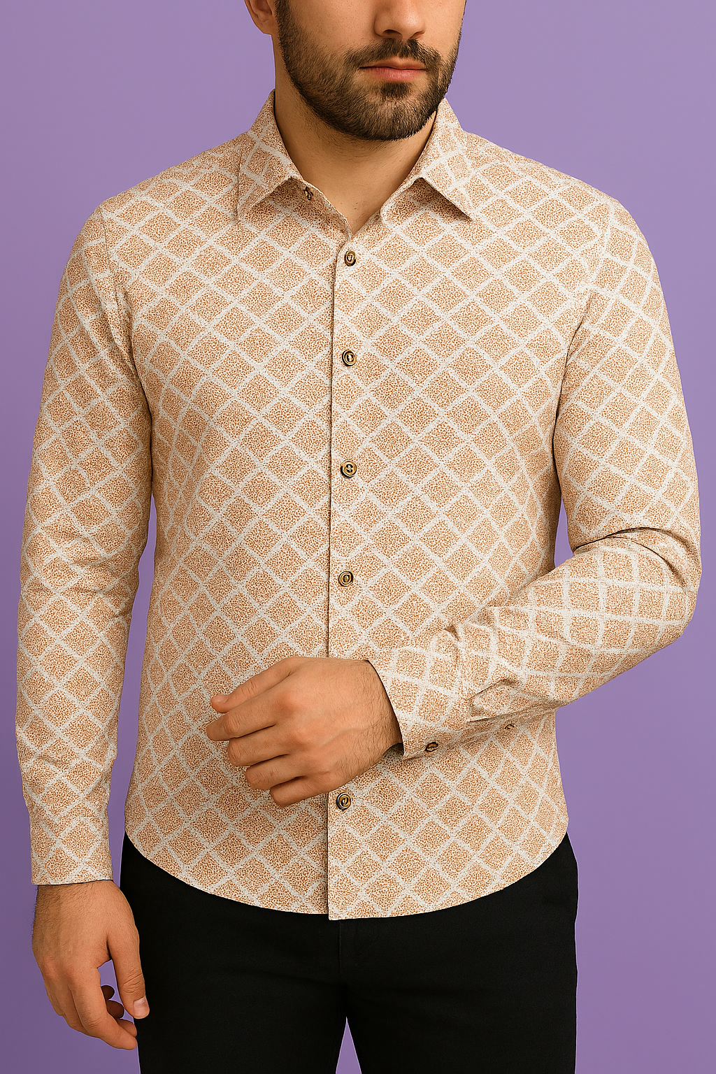 Premium Peach-White Geometric Mix-Cotton Dobby Print Shirt Fabric – 36” Width for Fine Stitching