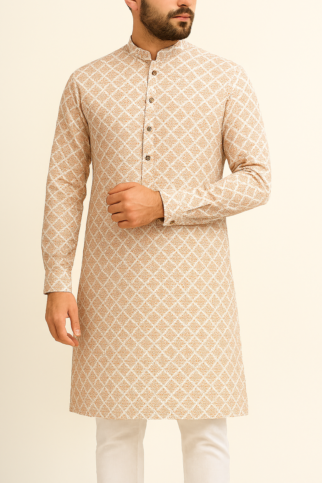 Premium Peach-White Geometric Mix-Cotton Dobby Print Kurta Fabric – 36” Width for Tailored Perfection