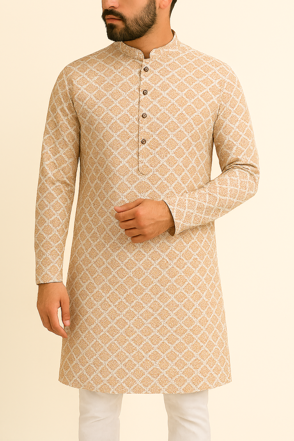 Premium Peach-White Geometric Mix-Cotton Dobby Print Kurta Fabric – 36” Width for Tailored Perfection