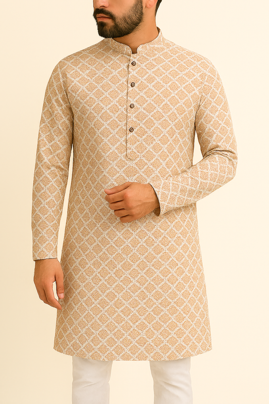 Premium Peach-White Geometric Mix-Cotton Dobby Print Kurta Fabric – 36” Width for Tailored Perfection