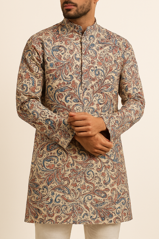 Premium Addi/Paper Cotton Jacquard Kurta Fabric – Intricate Red, Blue & Beige Pattern, 58" Wide