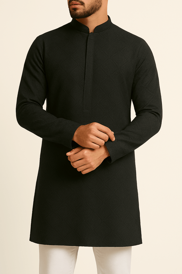 Premium Black Addi/Paper Cotton Geometric Jacquard Kurta Fabric – 58" Wide, Superior Stitching Quality - Poshak Fabrics