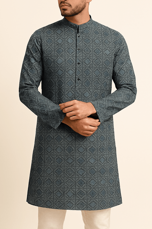 Premium Blue Checkered Geometric Print Addi/Paper Cotton Kurta Fabric – Ultra - Breathable, 58" Wide - Poshak Fabrics