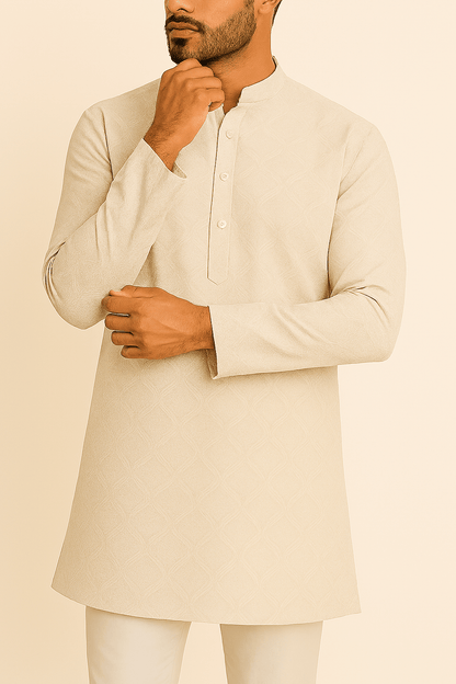 Premium Cream Addi/Paper Cotton Jacquard Print Kurta Fabric – 58” Width for Ultra - Light Tailoring - Poshak Fabrics